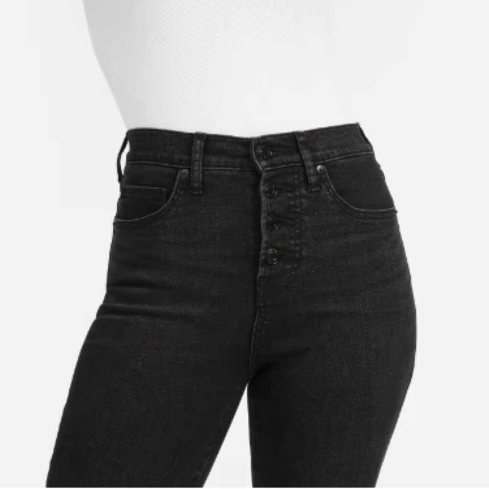Black high-rise denim, button fly